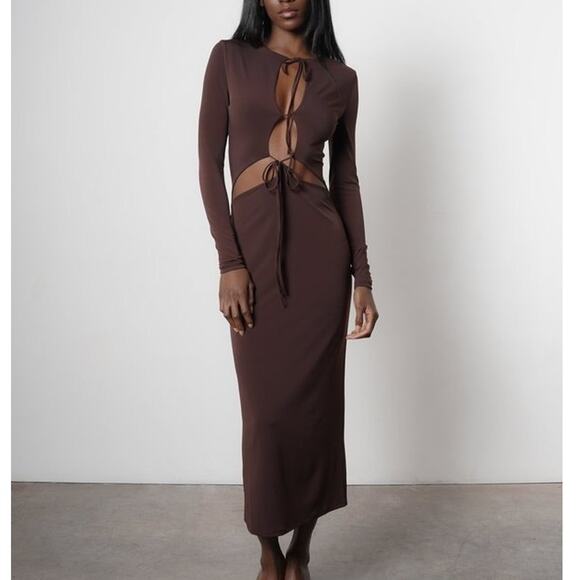 Aya Muse Perugia Dress long sleeve tie front chocolate brown size large L - Picture 16 of 16